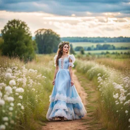 fullbody girl makeup wearing a victorian dress walking in country side ,flowers ,pretty clouds in blue sky