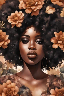 Create an watercolor image of a curvy black female wearing a brown off the shoudler blouse and she is looking down with Prominent makeup. Highly detailed tightly curly black afro. Background of large brown and black flowers surrounding her