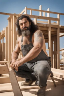 half figure shot photography of an ugly 40 year old stocky big chubby robust burly arab carpenter working on the roof, dirty, wet, tattoo,wearing bulging overalls, shirtless, hairy chest, serious, very virile, long beard, curly hair,, , in a sunny construction work area, photorealistic , photorealistic