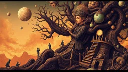 Surrealist art, bold lines, hyper detailed, a dark warm limited palette, the Realm of Dreams, symbolic, intricate, detailed