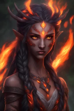 Fire Eladrin druid female. Hair is long and bright black part glows. Part of hair is braided and fire comes out from it. Big bright red eyes. Is generating fire with hands. Skin color is dark. Has a big deep scar on face