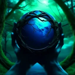 promise the world, dark green and blue colors, no hands, fantasy atmosphere, photo quality