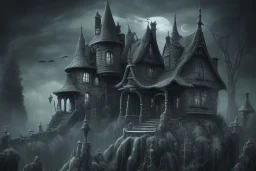 one Wednesday Adams, black and white, small scary house , pointy roof, cursed trees , dark forest, spiders, bats, bones, Escher style