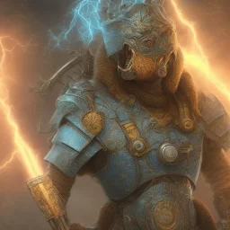 lightning, angry warrior in Blue and yellow battle armor with electric bolts of lightning, a highly detailed illustration, background of Inka jungle, realistic render, 8 k, micro detail, intricate, elegant, centered, digital painting, Artstation, smooth, sharp focus, illustration, artgerm, tomasz alen kopera, peter mohrbacher, donato giancola, joseph christian leyendecker, wlop, boris vallejo