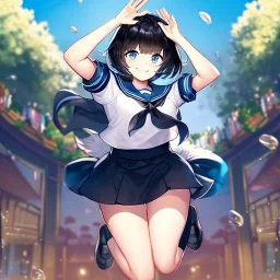 Clear focus,High resolution, Black short fluffy hair, and blue eyes, wearing a sailor uiform, smiling, jumping, hands in air, short skirt