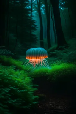 RAW photo, Fuji X-T20, high quality, a glowing bioluminescent jellyfish, floating in a foggy forest, cute