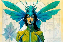 Hand drawn technical,full body portrait illustration , with detailed blueprints and engineering schematics of a walking leaf insect girl, in the comic book art style of BILL SIENKIEWICZ and JEAN GIRAUD MOEBIUS, with highly detailed facial features, drawings, and technical notation, 8k, vibrant natural colors