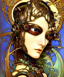 Realistic detailed face portrait of a beautiful futuristic beautiful top model in opudesignlent alien glass armor by alphonse mucha, ayami kojima, amano, greg hildebrandt, and mark brooks, female, feminine, art nouveau, ornate italian renaissance cyberpunk, iridescent venetian blown glass, neo - gothic, gothic, character concept