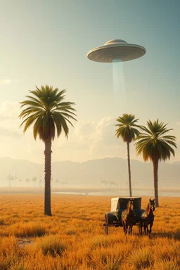 A field of date tall palms trees by the river and a ufo spacecraft hovering a chariot pulled by horses