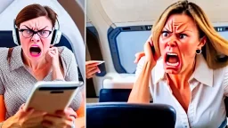 angry lady at home on phone and the right with happy male airline representative on the phone