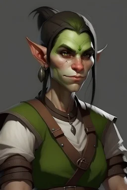strong tomboy young half orc who works at a tavern with pointy ears and green skin realistic