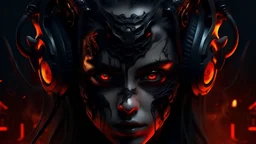 4k full realism full details logo demon femme cheveux noirs yeux noirs cyberpunk firestarter hardrock emission radio