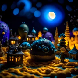 Detailed cozy landscape made of modeling clay, naïve, Tim Burton, stars and planets, figures, Harry Potter, strong texture, extreme detail, decal, rich moody colors, sparkles, clean, bokeh, odd