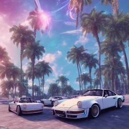 1980's aesthetic vaporwave palm trees and spheres and Porsche