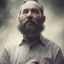 a young woman sitting next to a 50-year-old man with a beard and short hair, portrait, 8K, close-up face, anatomically perfect face, Highly detailed stunning full frame portrait, misty and cloudy atmosphere