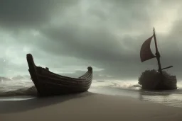 Broken viking longboat shipwrecked at a beachside, fantasy, mystical, lightshafts, storm in the distance, silhouettes coming from the boat