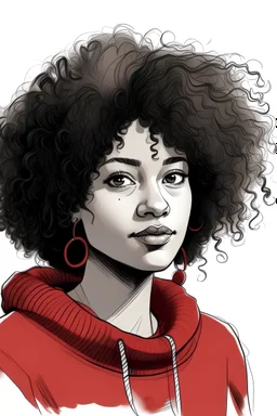 Sketch of a black woman with curly hair we a redsweater
