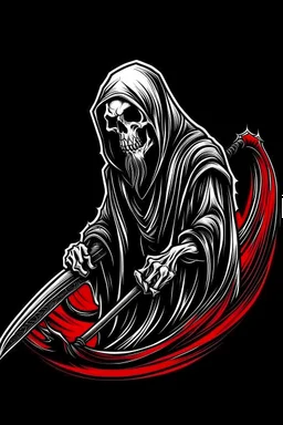 hooded Grim-Reaper gripping scythe, vignette, black and white graphic novel style with a red outline, and black background,