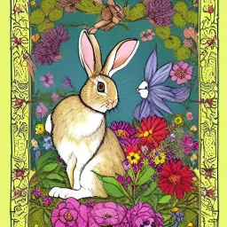 rabbit and Wonderful grimore with flowers, knowledge and fairy tale, style midjourney v4