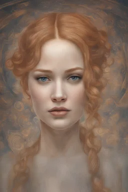 Ginger hair Jennifer Lawrence psychology erect oil paiting In Sigmund Freud's Freudian depth psychology display Gustav Klimt style, dream, symptom, image in the background in the city artgerm display Gustav Klimt style artgerm display in the New York City facial features resembled Sigmund Freud. She was from a distant countryside, and she only had a few drawing tools and a stack of blank boards with her. She settled in the city center and began to draw pictures for the passers-b