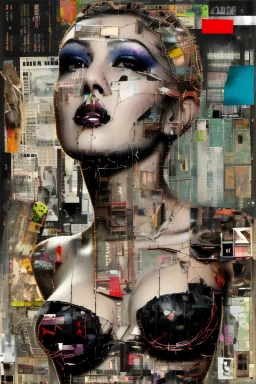 Ultra detailed medium portrait painting of a half naked woman sitting on a chair, no nudity, bended over, dark room with little light coming from an open door behind her, torn up collage of clippings, broken circuitry background, matrix effects, punk visual art, punk art aesthetic, graffiti art, pop surrealism, collage art, cluttered paint glitches