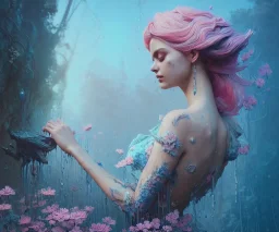 Insanely detailed photography of head and shoulder or a young beautiful woman, intricate and hyper detailed painting by Ismail Inceoglu Anna Dittmann and Alexander Fedosov CGSociety ZBrush Central fantasy art album cover art 4K 64 megapixels 8K resolution HDR. Background garden, water, blue, pink