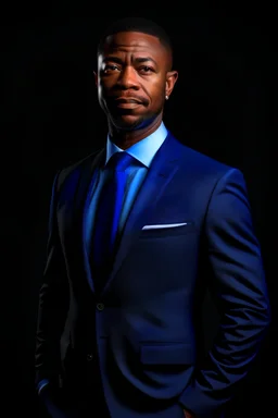full length handsome 40 year old brown skinned african american man in black formal wear with a royal blue tie with black background