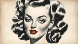 drawing, pin-up, bright makeup, 1945 babette hairstyle, clear lines, fine rendering, 3D