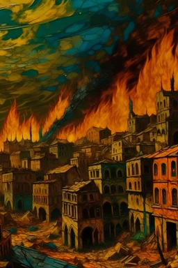 A close-up view of a burning arabic city and destroyed buildings in the colors of Van Gogh's paintings