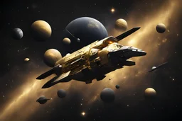 defence spacecraft in gold, black, background space, stars, planets,