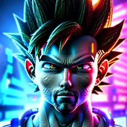 Son-goku in a cyberpunk setting, with neon lights in background, close-up face, extreme details, realistic, unreal engine,