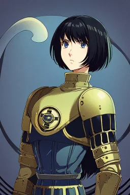 Motoko Kusanagi from "Ghost In The Shell (1995)", clad in medieval stell plate armour, alone, blue eyes, perfect, beautiful, black hair, in the style of 90-s anime, androgynous, melancholic