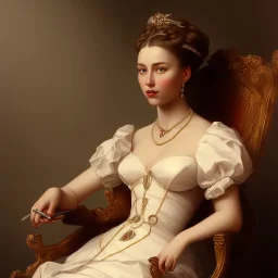 painting of an elegant lady sitting on a chair, smoking