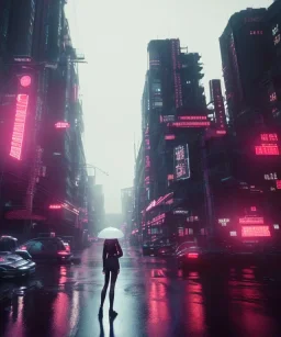 circular white moon, 3D, beautiful, light reflecting, empty city, midnight, rainy night, neon, cyberpunk, person