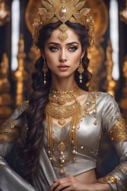 Close up Beautiful Goddess Photo Portrait Fantasycore Artwork, fullbody,wearing traditional golden silver ornaments dress ,Intricate Photography, A Masterpiece