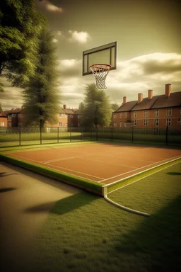 Basketball field in small danish town near viking structure in ps2 style