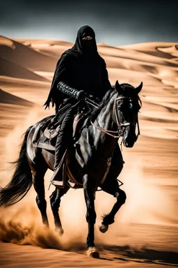 Photography Mistery of Black Ghost Rider Arabian driving on Black Horse,Walking alonely on desert darkness night background, horror concept art