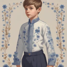 a beautiful boy looking left, wears a smart shirt which is embroidered with blue flowers and ornaments