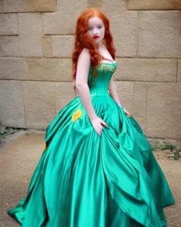 Magic princess with long auburn hair green eyes wearing a big teal green and gold satin ballgown corset off shoulder top casting magic