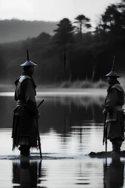 en un amanecer 2 samurai enfrentado sus espadas en la rivera de un lago con una multitud observandoles en plano general de isquierda a derecha en estilo monocromía