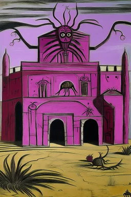 A purplish magenta Egyptian spider palace in a desert painted by Pablo Picasso