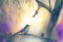 closeup, a colorful hummingbird family perched in the canopy, the siblings eating (opened mouth, the mother feeding them), twilight, looking down on the river through the canopy of a tree, on a misty twilight. over a misty pond in the hieght of fall. Watercolour by Alison Brady. Pastel colours S<AI in sunshine, ethereal, otherwordly, cinematic postprocessing