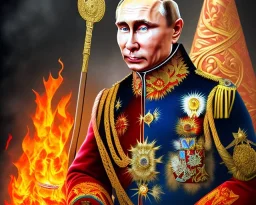 Russia president Vladimir Putin devil fangs and Moscow in fire with roket