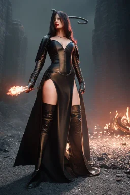 evil witch in black leather gown with a whip in her hand, big chest, angry face, inside a dungeon