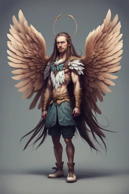 human with bird head character with long hair, strong wings and bow