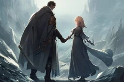 Only one guy and a girl are standing on the edge of a cliff and holding hands