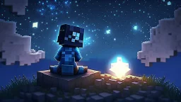 Minecraft Character, minecraft theme, purple starry sky, meditating, aesthetic, facing back