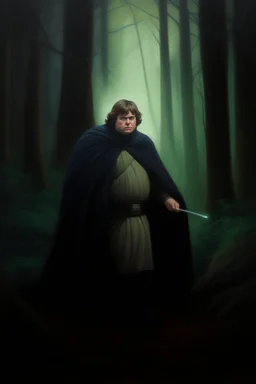 1970's dark fantasy cover dnd style oil painting of obese fat luke skywalker with light saber into the woods with minimalist far perspective