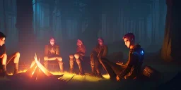 Adventurers resting around a campfire in a forest clearing at night, starry sky, dark fantasy, high detail, high definition, big adventuring bags