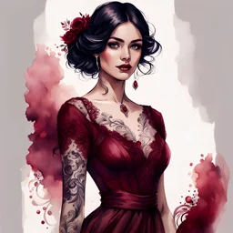 watercolor beautiful young woman in a burgundy dress with lace with a ruby ring in a burgundy dress, on a white background, sleeve with lace, black hair, tattoos, well-drawn eyes, five fingers on the hand, Trending on Artstation, {creative commons}, fanart, AIart, {Woolitize}, by Charlie Bowater, Illustration, Color Grading, Filmic, Nikon D750, Brenizer Method, Side-View, Perspective, Depth of Field, Field of View, F/2.8, Lens Flare, Tonal Colors, 8K, Full-HD, ProPhoto RGB, Perfectionism, Rim Li